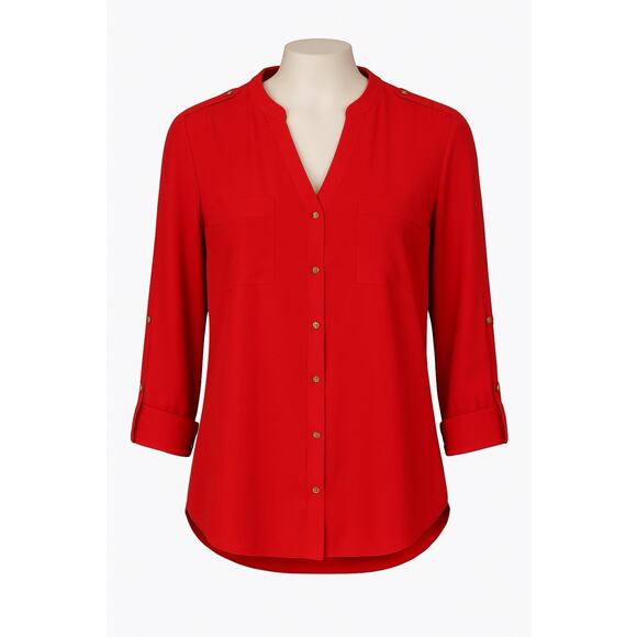 Calvin Klein Red Roll-Tab Sleeve Blouse | XL | Button Front | Classic Office Top - Picture 1 of 6